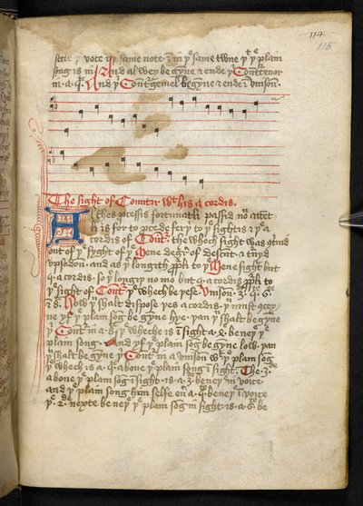 Lansdowne 763, f.115r, Et bind ganske skrevet på vellum i det femtende århundre, og inneholder eldgamle og meget interessante avhandlinger om musikk av forskjellige forfattere. av English School