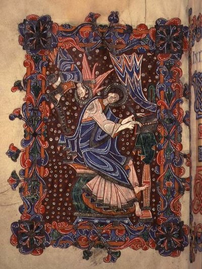 Lat 14782 f.16v St. Matteus skriver sitt evangelium, c.1080 (vellum) av English School