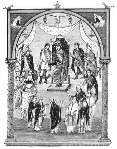 Lat 1 f.423r Charles the Bald, King of France (823-77) tronende, på oppdrag av abbed Vivian fra klosteret St. Martin i Tours, fra den første bibelen til Charles the Bald, 843-51, illustrasjon av English School