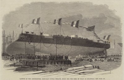 Lansering av Affondatore, Iron-Clad Cupola Fregate, bygget for kongen av Italia ved Millwall, 1865 av English School