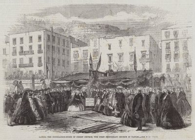 Legger grunnsteinen til Christ Church, den første protestantiske kirken i Napoli (gravering) av English School