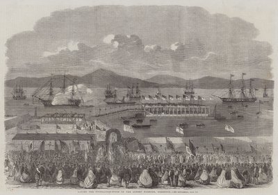 Legger grunnsteinen til Albert Harbour, Greenock (gravering) av English School