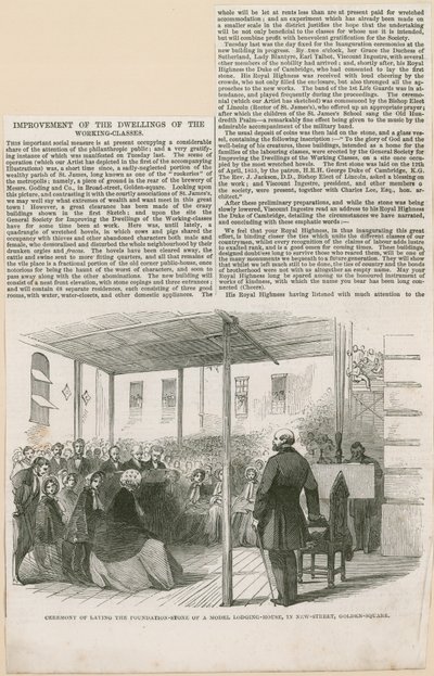 Legger grunnsteinen til et modellhus i New Street, Golden Square av English School
