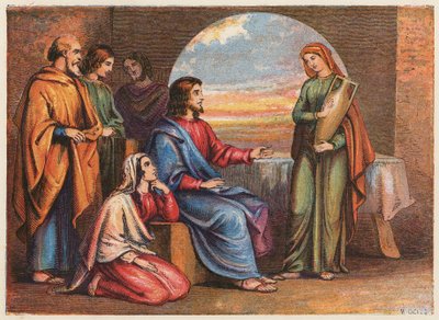 Lasarus og søstrene hans (fargelitografi) av English School