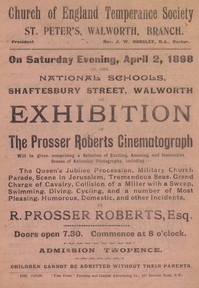 Brosjyre som annonserer en utstilling av Prosser Roberts Cinematograph av English School