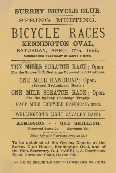 Brosjyre som annonserer sykkelritt på Kennington Oval, 17. april 1886 av English School