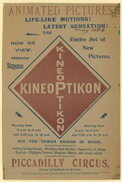 Brosjyre som annonserer Kineoptikon, Piccadilly Circus av English School