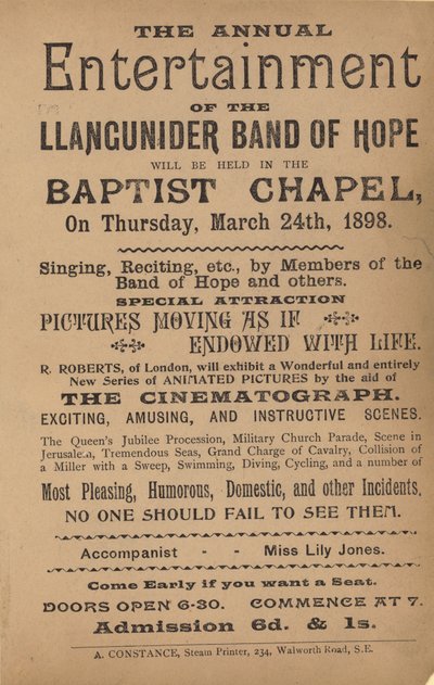 Brosjyre som annonserer den årlige underholdningen til Llangunider Band of Hope av English School