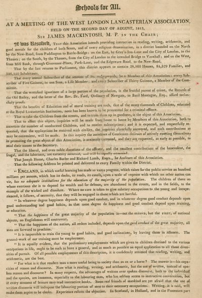 Brosjyre som forklarer en resolusjon fra West London Lancasterian Association om å begynne å gi instruksjoner til barn, august 1813 av English School