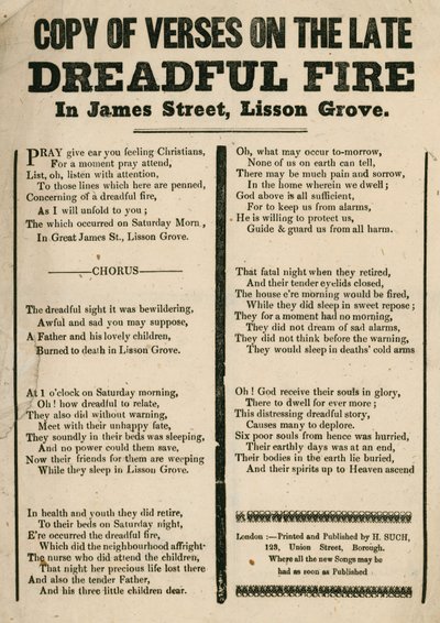 Brosjyre med vers relatert til en brann i James Street, Lisson Grove, London av English School