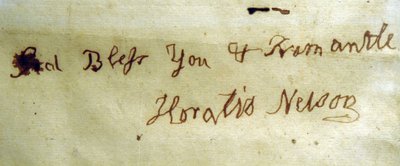 Venstrehåndsskrift av admiral Lord Nelson (penn og blekk på papir) av English School