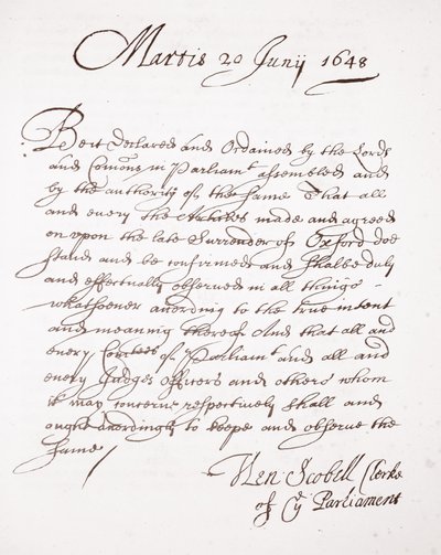 Brev av Henry Scobell, 20. juni 1648 av English School