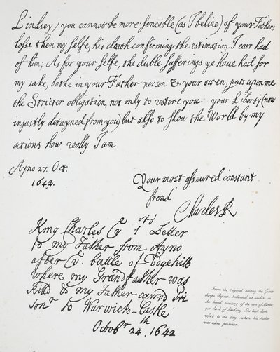Brev fra Charles II til Montague, jarl av Lindsey, 27. oktober 1642 av English School