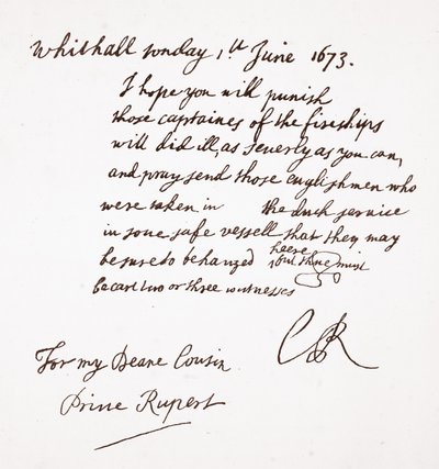 Brev fra Charles II til prins Rupert, 1. juni 1673 av English School