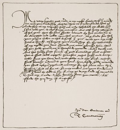Brev fra Cranmer til Cromwell der han takker ham for å ha fått Kings autoritet for Matthews English Bible, 1537, fra The Church of England: A History for the People av H.D.M. Spence-Jones, pub. ca. 191 av English School