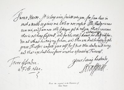 Brev fra Lord Strafford til sin kone, fra Tower of London, 4. februar 1640 av English School