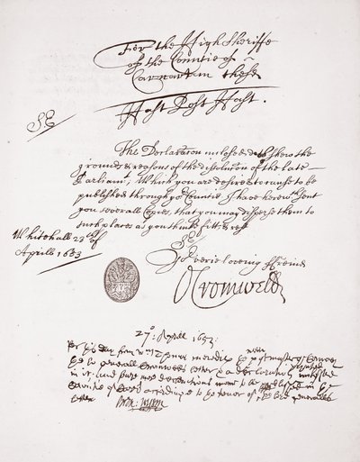 Brev fra Oliver Cromwell, april 1653 av English School