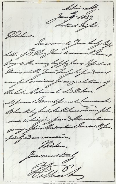 Brev fra William IV til Lady Nelson, 1827, publisert i 