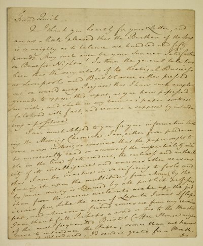 Brev fra William Woodfall (1746-1803) til skuespilleren John Quick (1748-1831) angående John Hendersons gunstige anmeldelser på Haymarket av English School