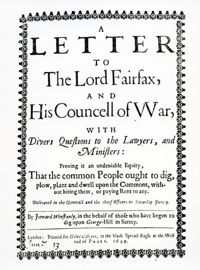 Brev til Lord Fairfax fra Gerrard Winstanley (ca. 1609-60) på vegne av Diggers ved St. George Hill, Surrey, trykt 1649 av English School