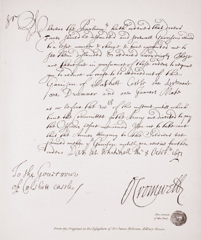Brev til guvernøren i Calshott Castle fra Oliver Cromwell, 1651, faksimile fra originalen i besittelse av Sir James Fellowes, Adbury House av English School