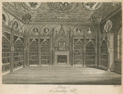 Bibliotek på Strawberry Hill, London av English School