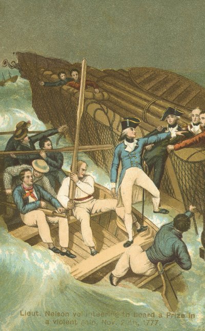 Løytnant Horatio Nelson går ombord i en premie i en storm (farge litho) av English School