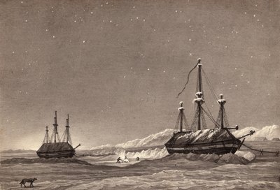 Løytnant William Parrys første reise: H.M.S. Hecla og H.M.S. Griper i Winter Harbour, ca. 1819 (penn og blekk og vask på papir) av English School