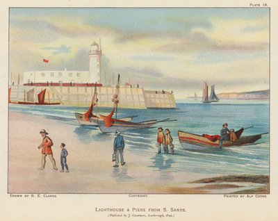 Fyr og brygge fra South Sands, Scarborough (fargelitografi) av English School
