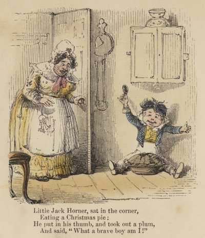 Lille Jack Horner, satt i hjørnet, spiste en julepai, han satte tommelen inn og tok ut en plomme, og sa: "For en modig gutt er jeg!" (farget gravering) av English School