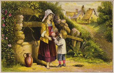Liten gutt som drikker vann hentet fra en brønn (farget gravering) av English School