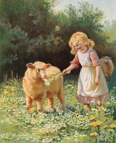 Liten jente mater en blomst til en sau i en eng (chromolitho) av English School