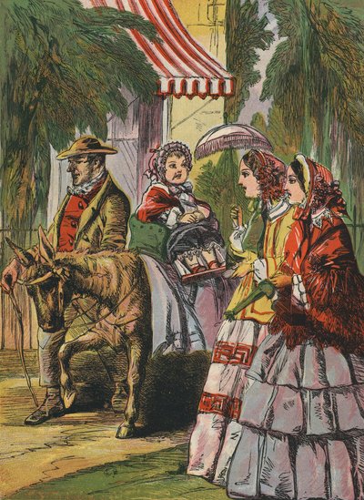 Liten jente som rir på et esel (fargelitografi) av English School