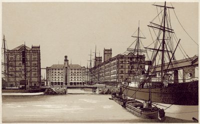 Liverpool: Waterloo Dock og kornlagerhus (litografi) av English School