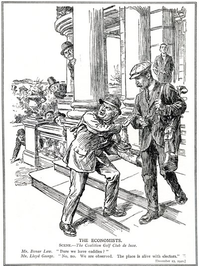 Lloyd George og Bonar Law ved Coalition Golf Club, redde for Anti-Waste-ligaen, må gi avkall på luksusen med caddies. desember 1920 av English School
