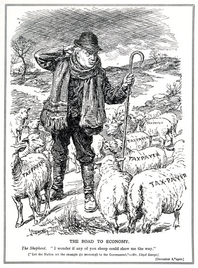 Lloyd George som gjeteren i Storbritannia ber skattebetalerne (sauene) om å lede utvinningen av økonomien, desember 1920 av English School