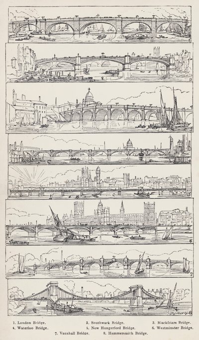 London Bridge, Southwark Bridge, Blackfriars Bridge, Waterloo Bridge, New Hungerford Bridge, Westminster Bridge, Vauxhall Bridge, Hammersmith Bridge (gravering) av English School