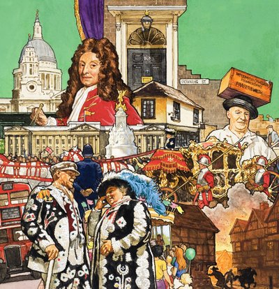 London Montage (gouache på papir) av English School