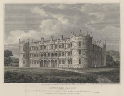 Longford Castle, Wiltshire, sete for jarlen av Radnor (farget gravering) av English School