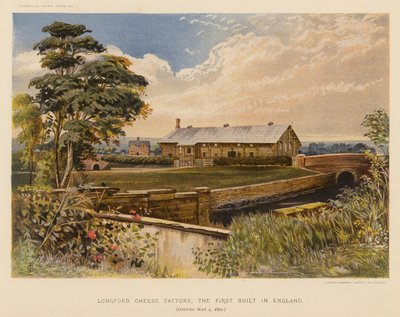 Longford Cheese Factory, den første som ble bygget i England, åpnet 4. mai 1870 (fargelitografi) av English School