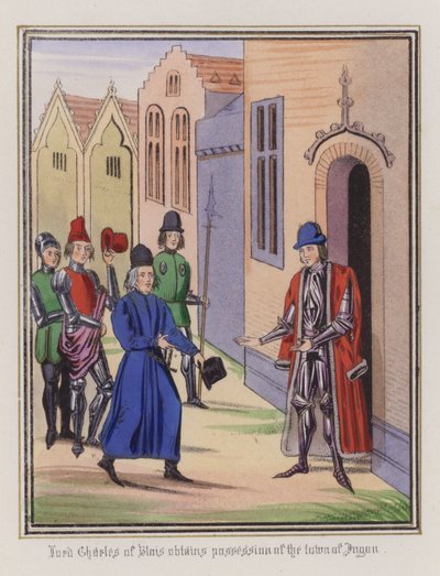 Lord Charles of Blois får byen Jugon i besittelse (farget gravering) av English School