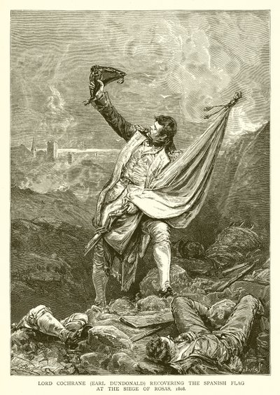 Lord Cochrane (Earl Dundonald) gjenvinner det spanske flagget ved beleiringen av Rosas, 1808 av English School