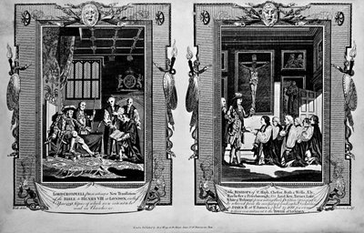 Lord Cromwell presenterer bibelen til Henry VIII og biskoper som presenterer begjæring til James II i 1688, fra 