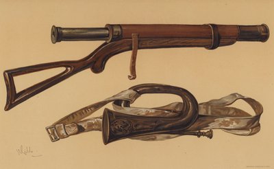 Lord Raglans teleskop, og en russisk bugle fra Sebastopol (chromolitho) av English School
