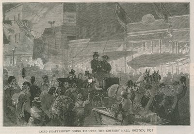 Lord Shaftesbury skal åpne Costers Hall, Hoxton, London, 1875 av English School