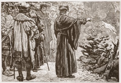 Luther Burning the Popes Bull, illustrasjon fra The History of Protestantism av James Aitken Wylie (1808-1890), pub. 1878 av English School
