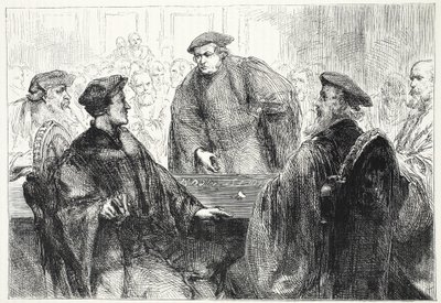 Luther og Zwingle diskuterer på Marburg, illustrasjon fra The History of Protestantism av James Aitken Wylie (1808-1890), pub. 1878 av English School