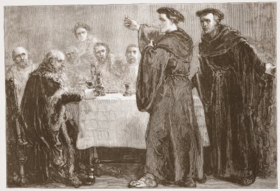 Luther utfordrer Carlstadt til å skrive mot ham, illustrasjon fra The History of Protestantism av James Aitken Wylie (1808-1890), pub. 1878 av English School