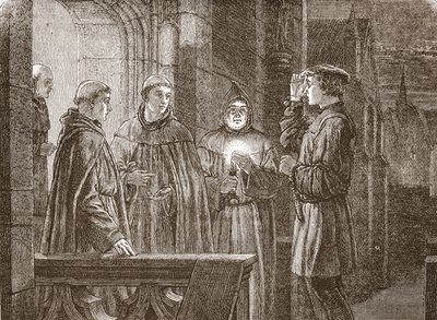 Luther går inn i augustinerklosteret, illustrasjon fra The History of Protestantism av James Aitken Wylie (1808-1890), pub. 1878 av English School