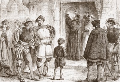Luther spikrer tesene sine på døren til Schloss-Kirk i Wittemberg, illustrasjon fra The History of Protestantism av James Aitken Wylie (1808-1890), pub. 1878 av English School